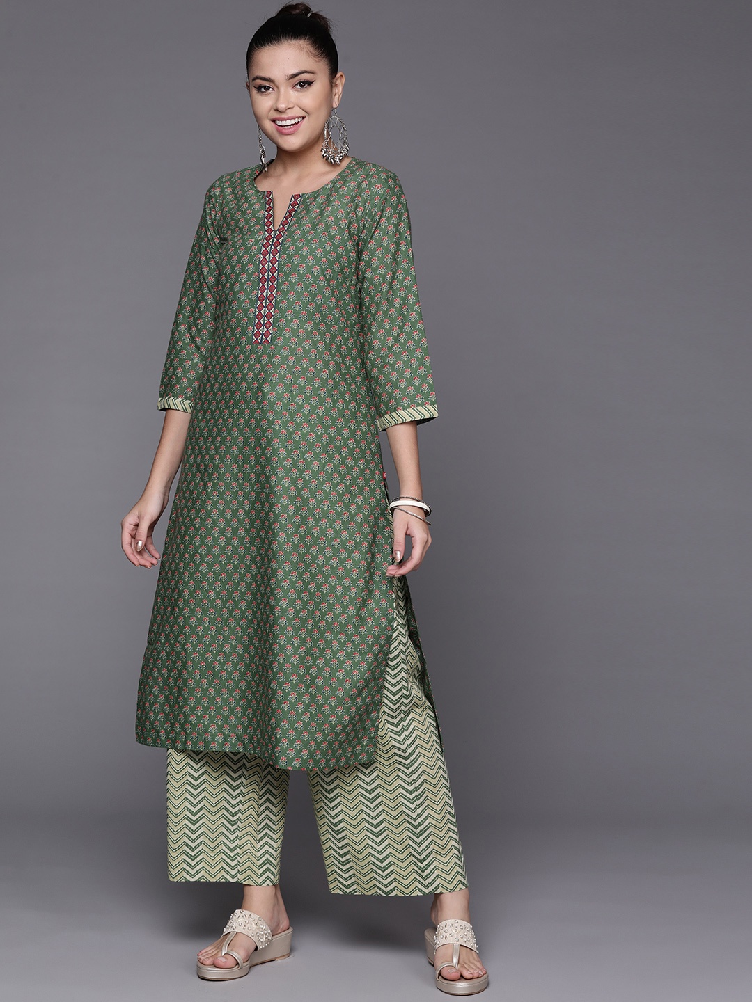 

Biba Pure Cotton Ethnic Motifs Printed Kurta with Palazzos, Green