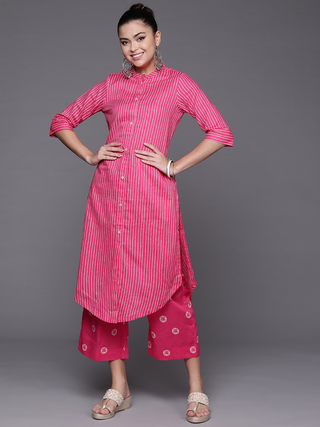 

Biba Women Pink Pure Cotton Striped Kurta with Palazzos