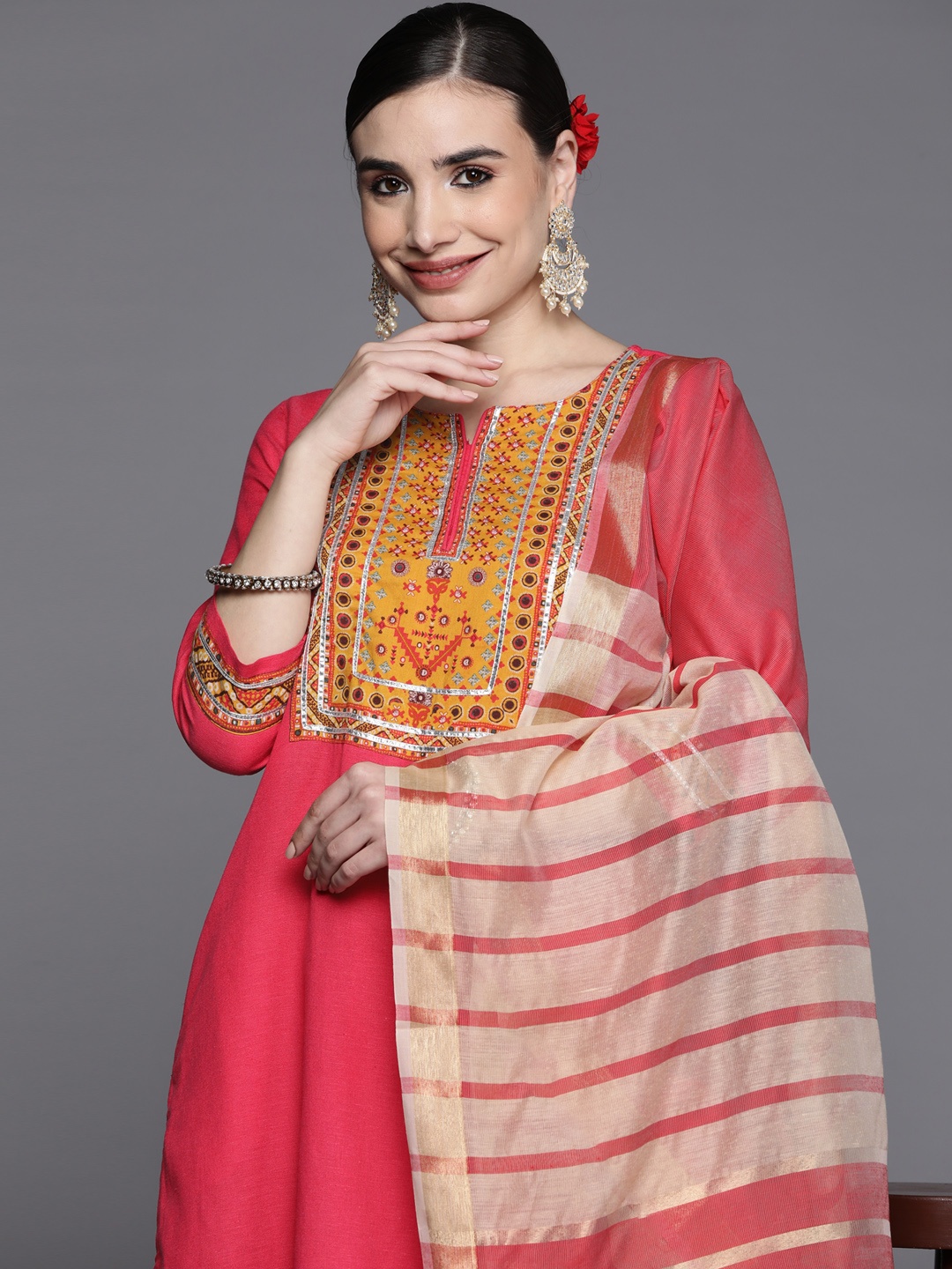 

Biba Women Red & Yellow Ethnic Yoke Design Gotta Patti Kurta with Trousers & With Dupatta