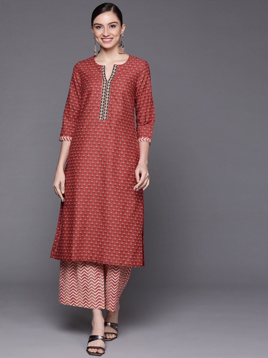 

Biba Pure Cotton Ethnic Motifs Printed Kurta with Palazzos, Rust