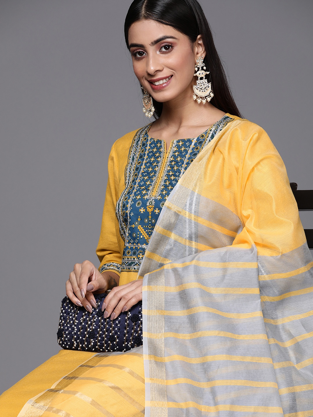 

Biba Women Yoke Design Gotta Patti Kurta with Trousers & Dupatta, Mustard