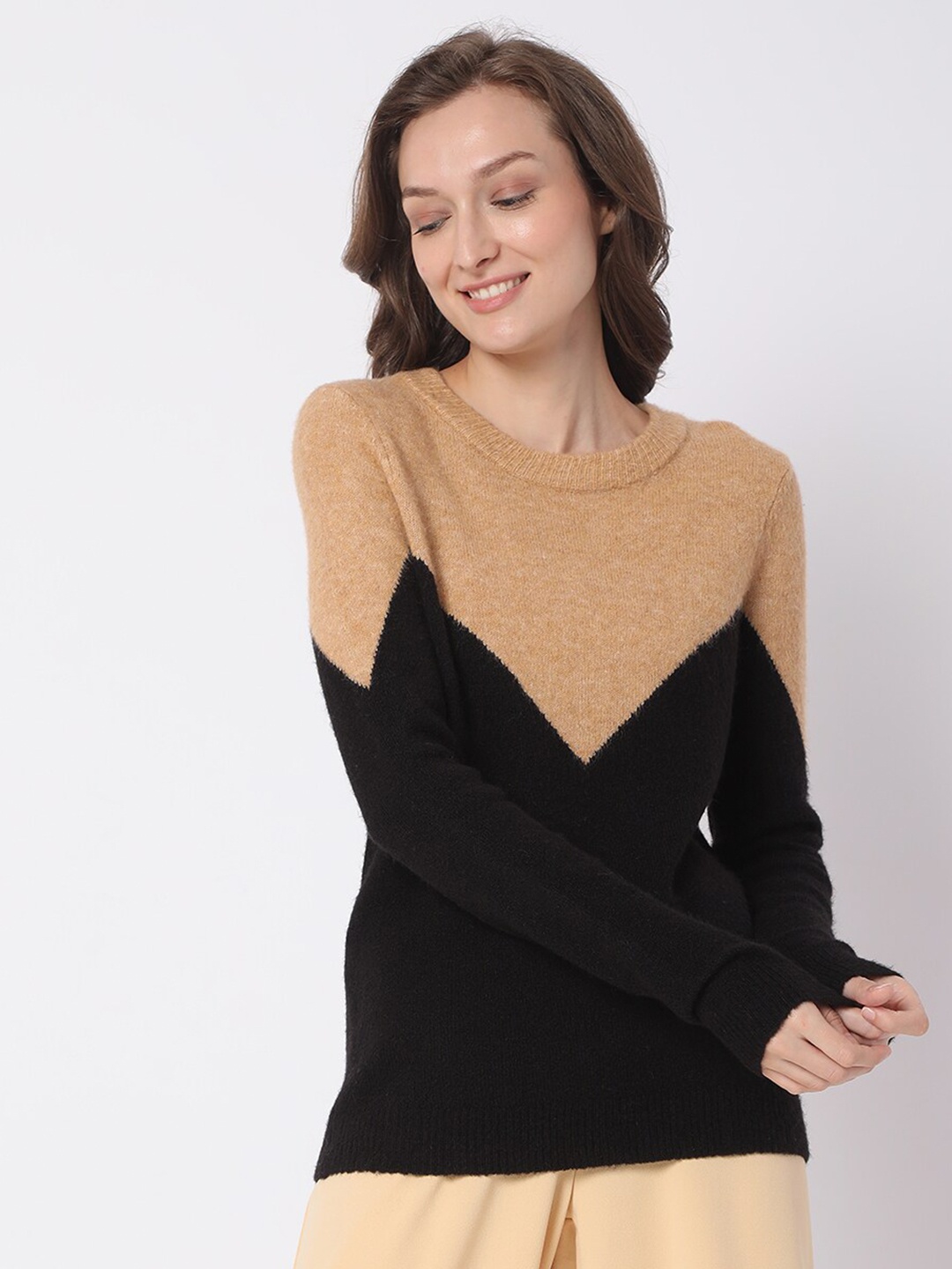 

Vero Moda Women Brown & Black Colourblocked Pullover