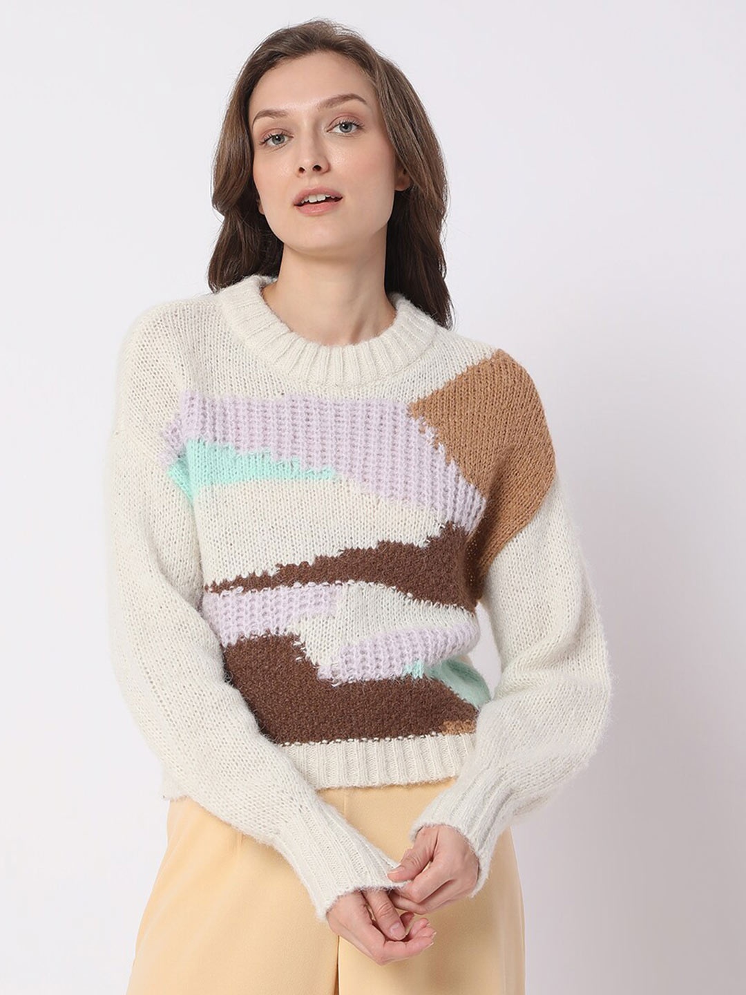 

Vero Moda Women Off White & Brown Colourblocked Pullover
