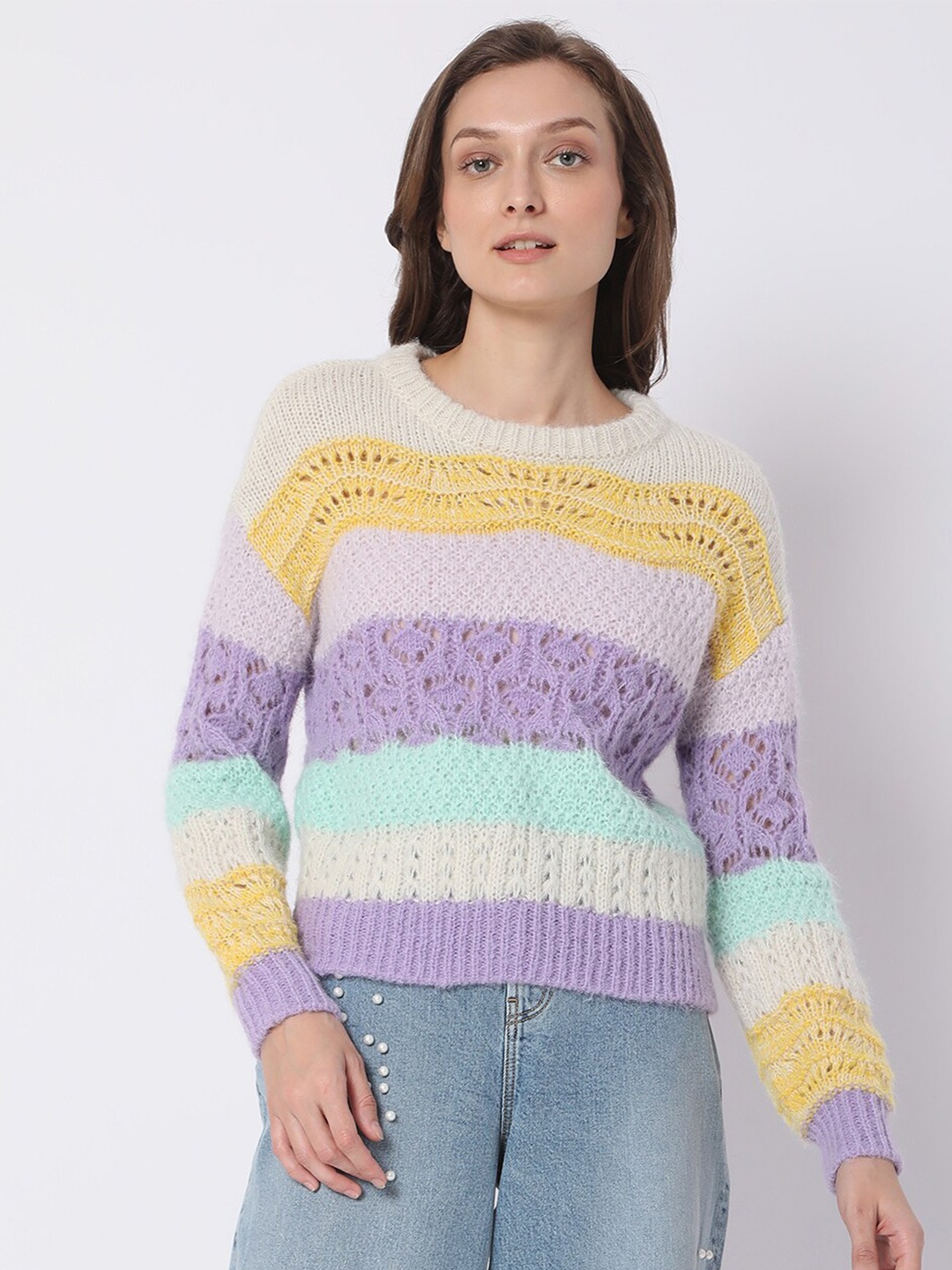 

Vero Moda Women Purple & Yellow Colourblocked Pullover