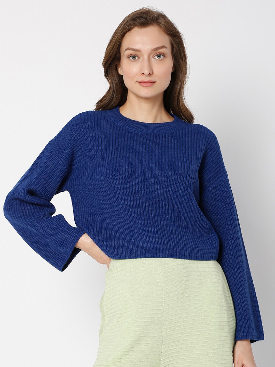 

Vero Moda Women Blue Ribbed Acrylic Pullover Sweater