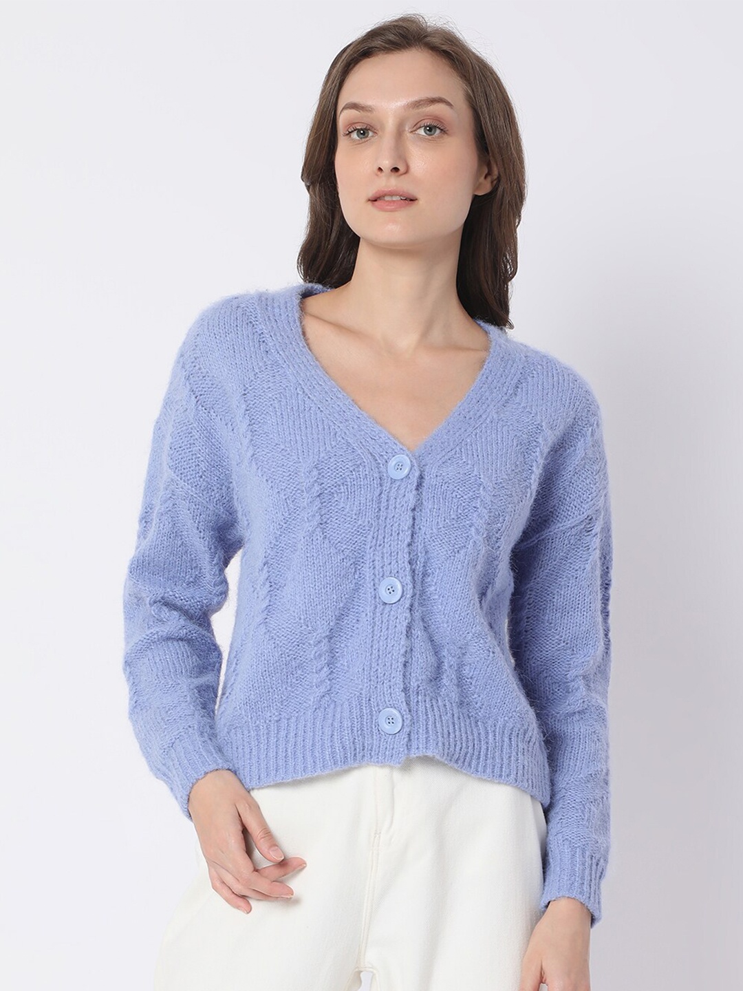 

Vero Moda Women Blue V-Neck Crop Cardigan