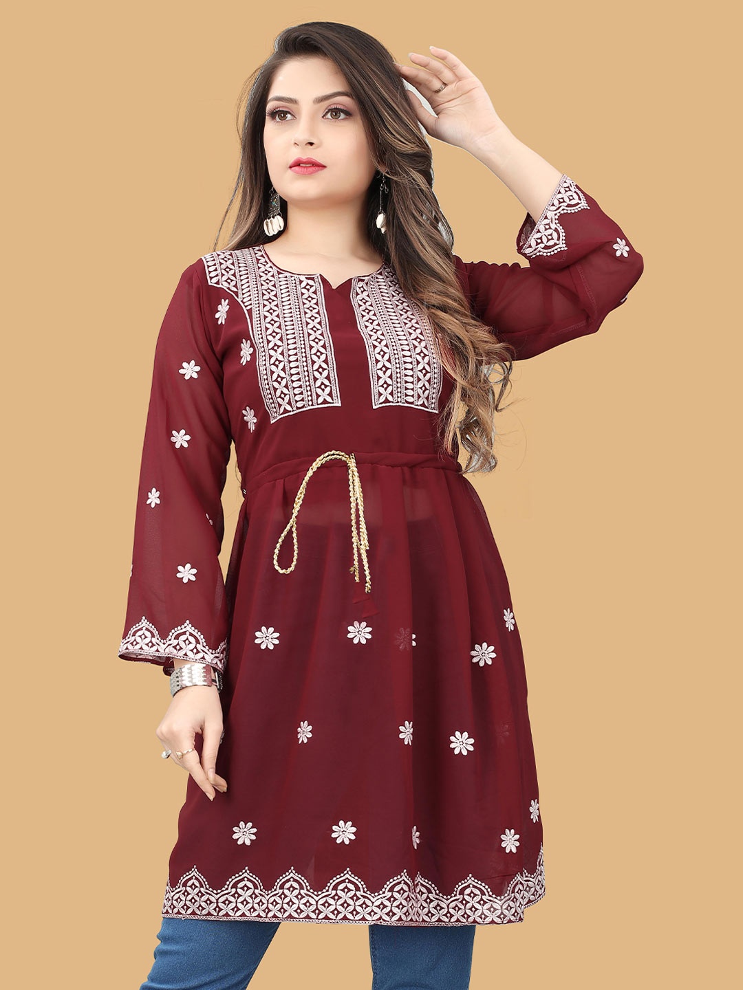 

PRASTHAN Maroon Ethnic Embroidered Georgette Longline Top