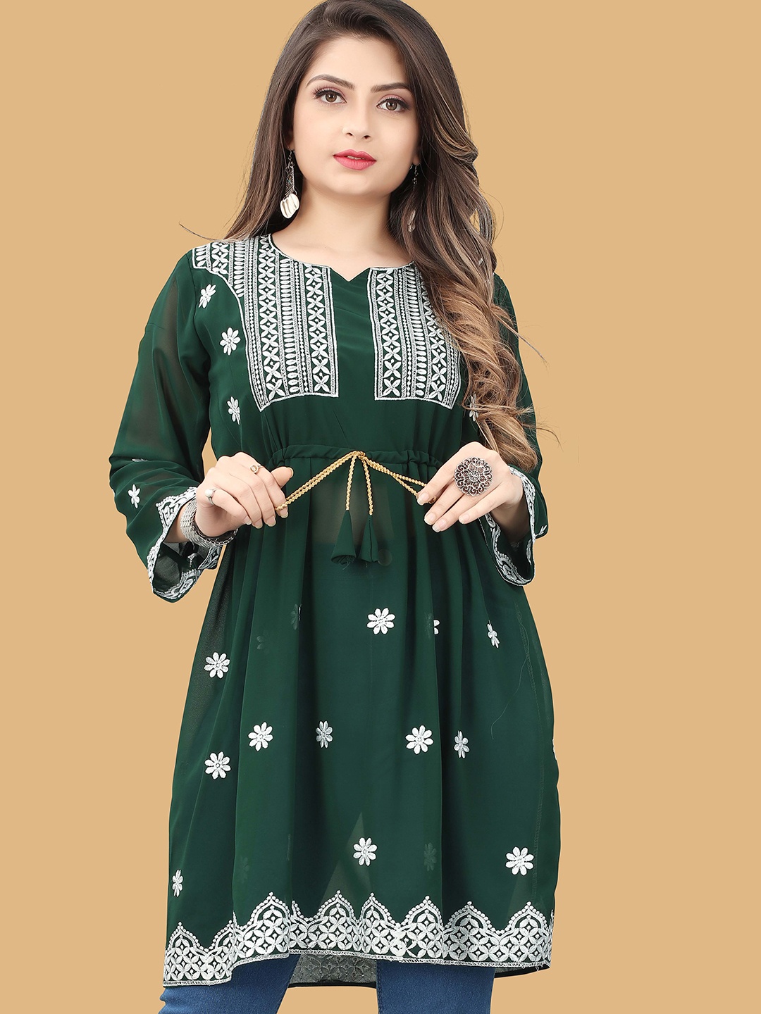 

PRASTHAN Green Floral Embroidered Georgette Empire Longline Top