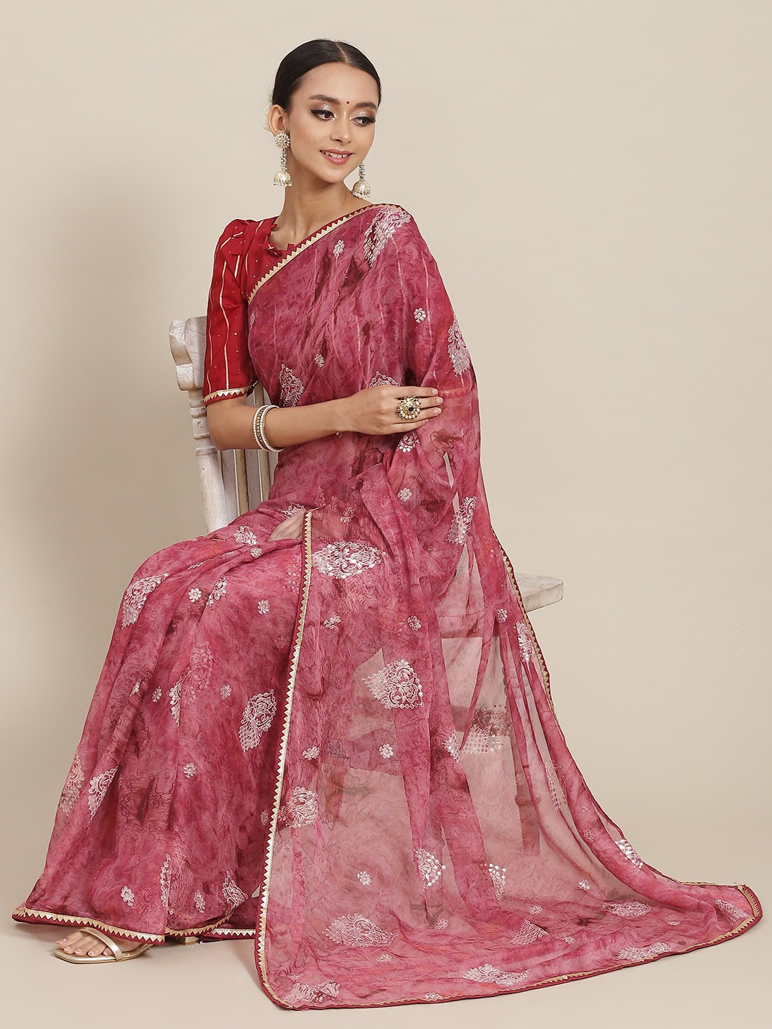 

Satrani Dusty Pink Dyed Embellished Saree, Rose