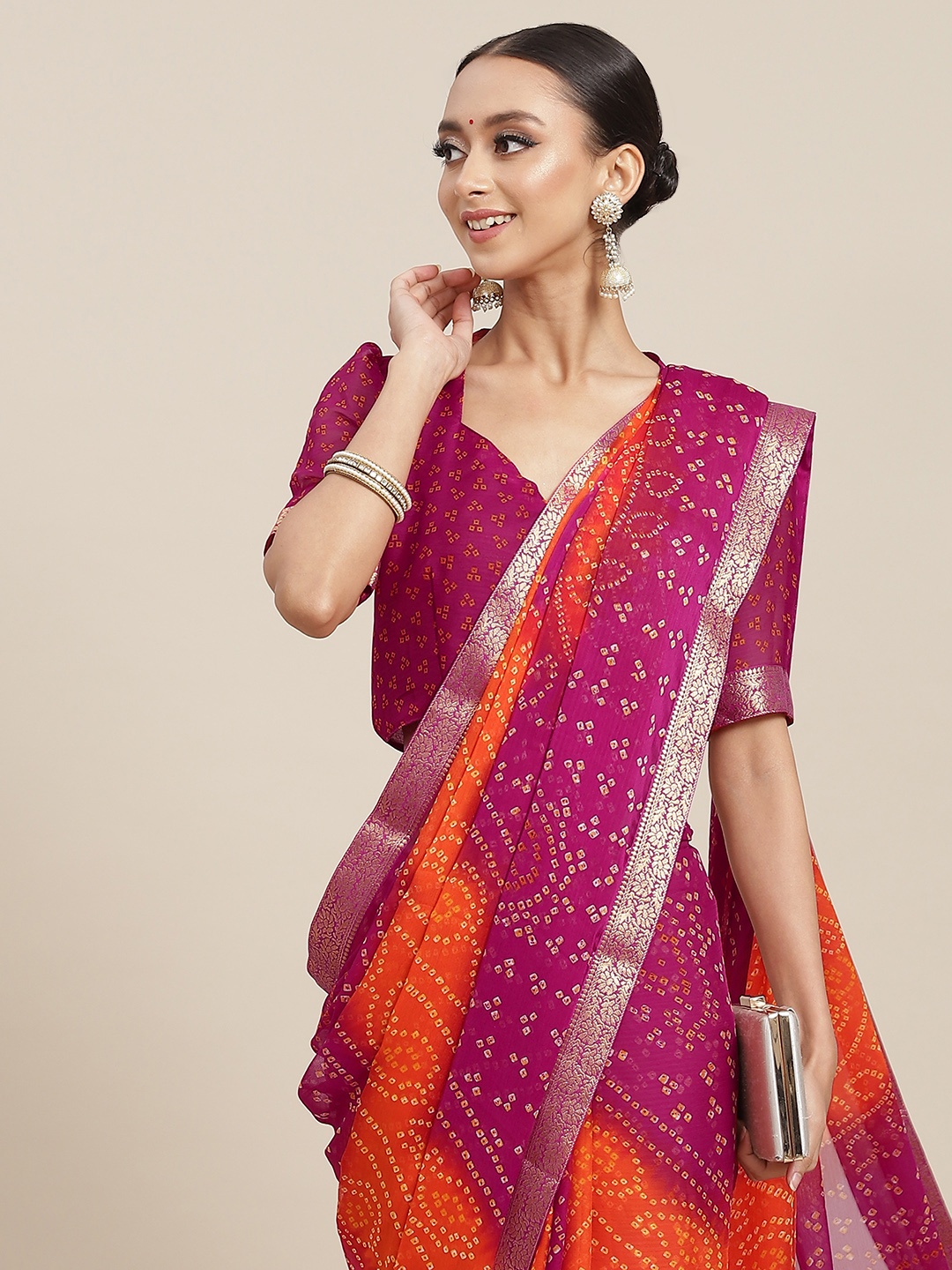 

Satrani Orange & Pink Bandhani Print Saree