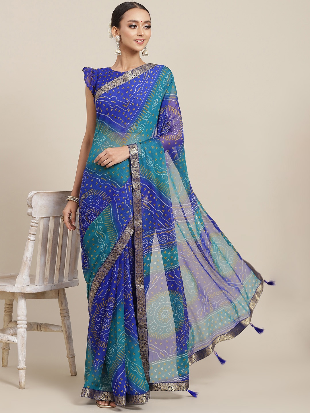 Satrani Blue Bandhani Print Saree