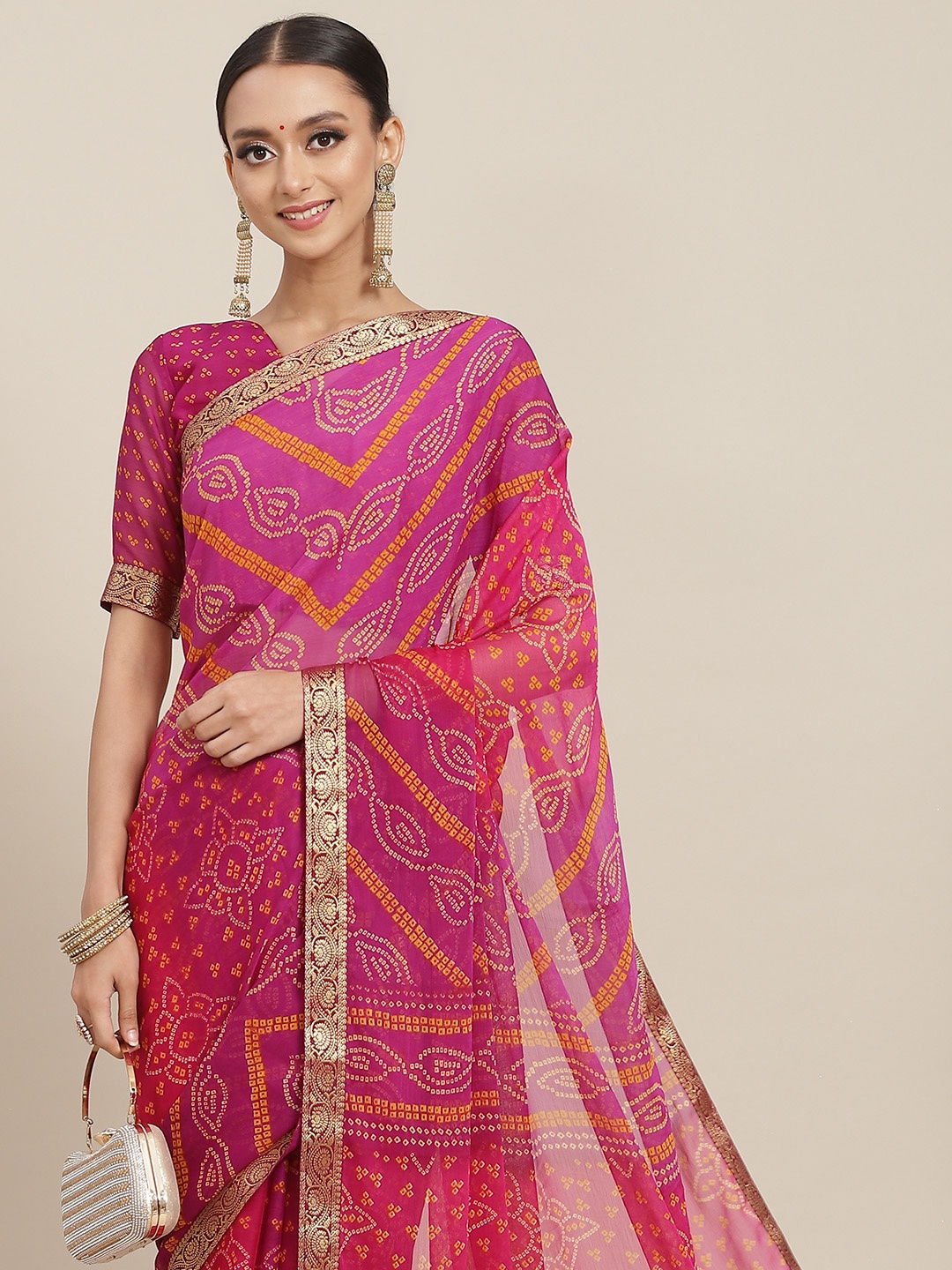 

Satrani Pink & Purple Bandhani Print Saree