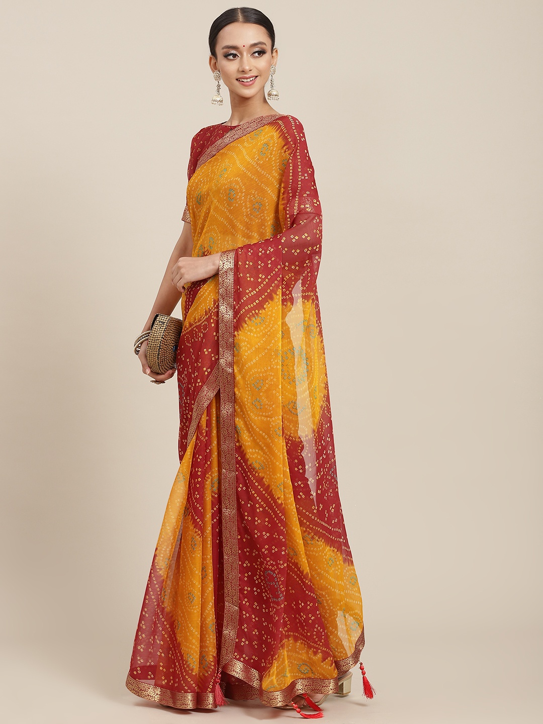 

Satrani Yellow & Red Bandhani Print Saree