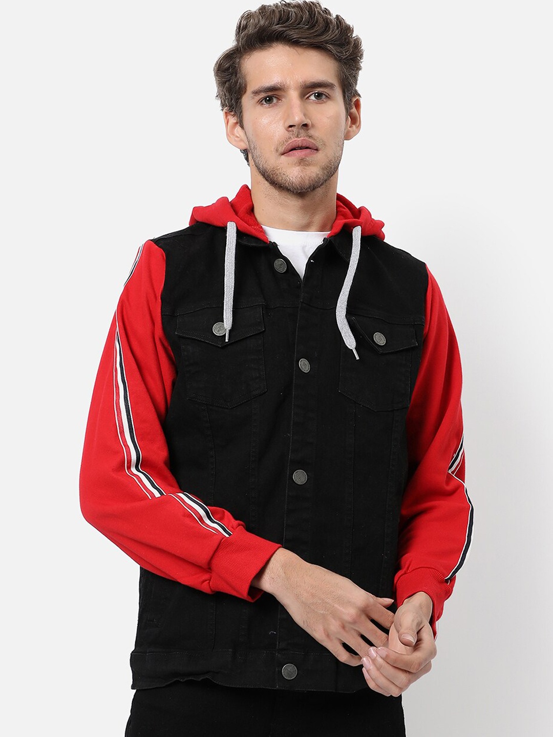 

Campus Sutra Men Black Red Colourblocked Windcheater Outdoor Tailored Jacket