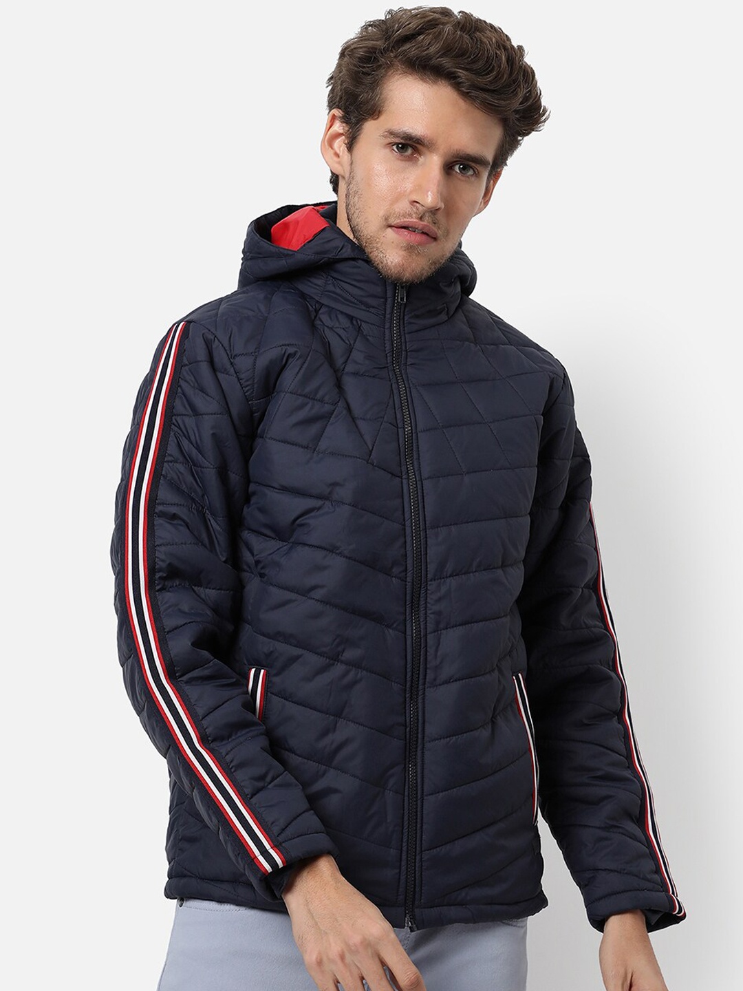 

Campus Sutra Men Blue Striped Windcheater Outdoor Quilted Puffer Padded Jacket