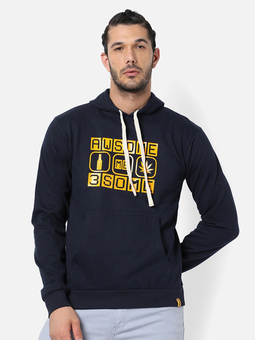 

Campus Sutra Men Navy Blue Typography Print Hooded Sweatshirt
