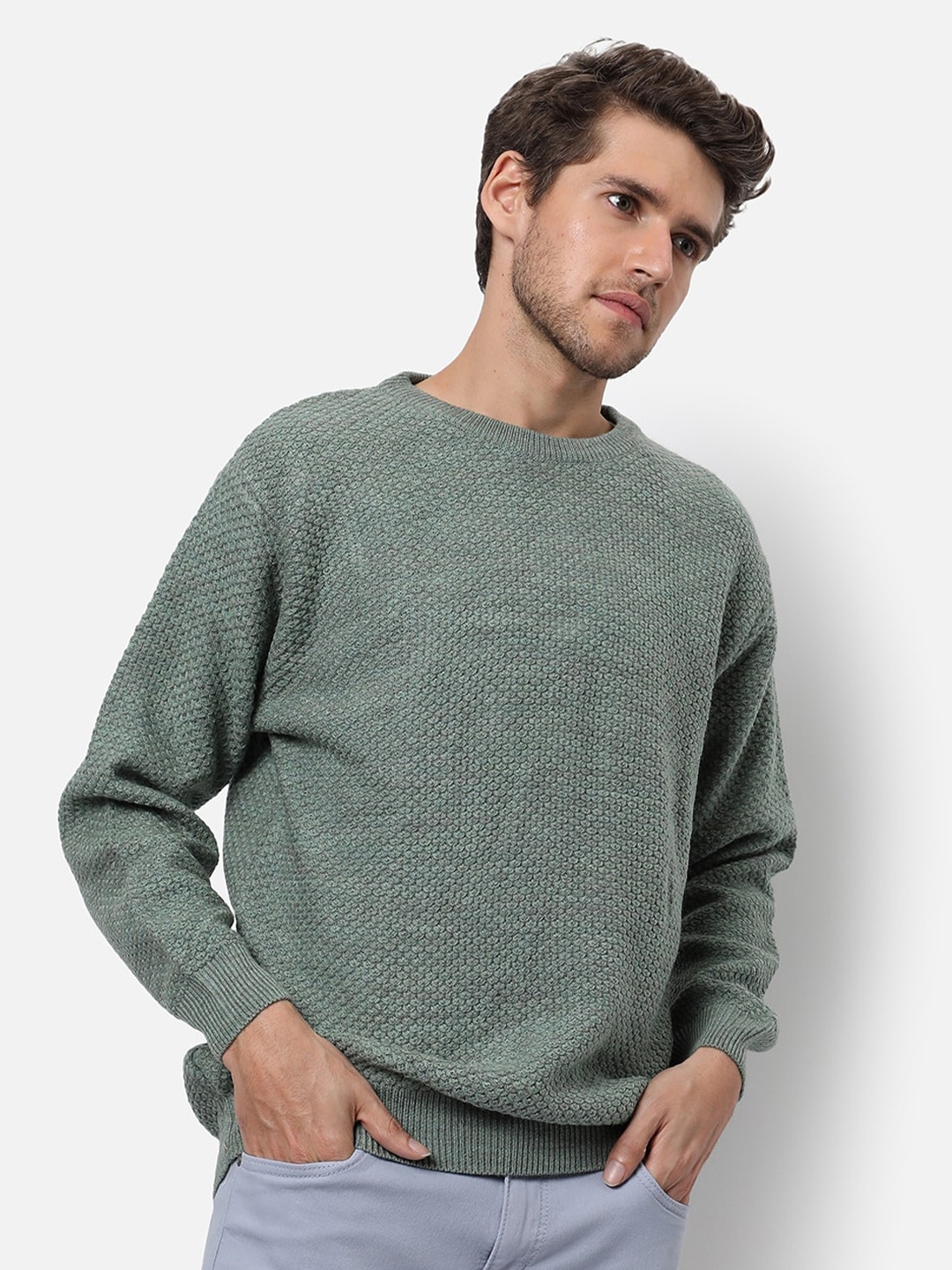 

Campus Sutra Men Green Boucle Ribbed Pullover