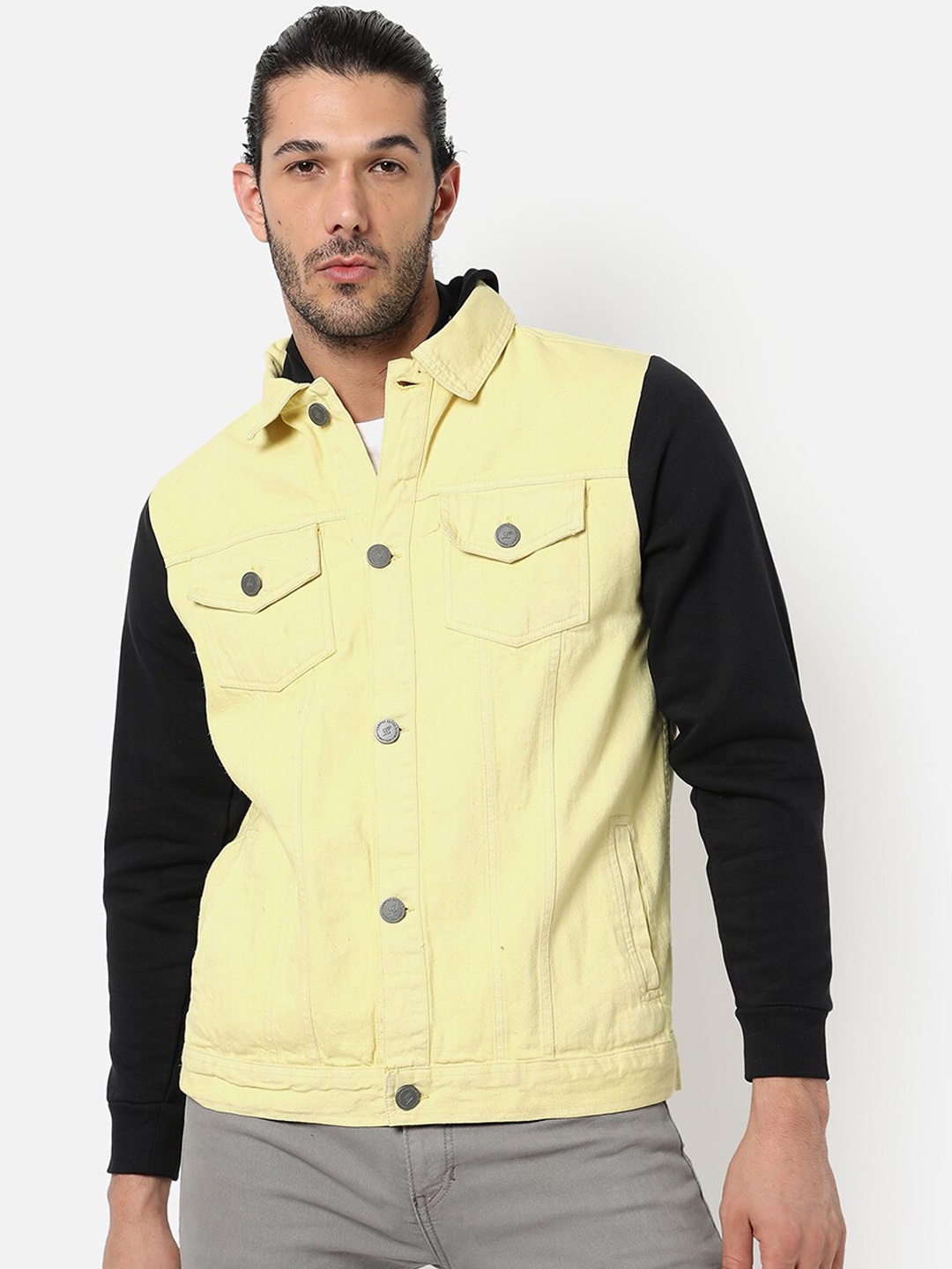 

Campus Sutra Men Yellow And Black Windcheater Outdoor Tailored Hooded Jacket