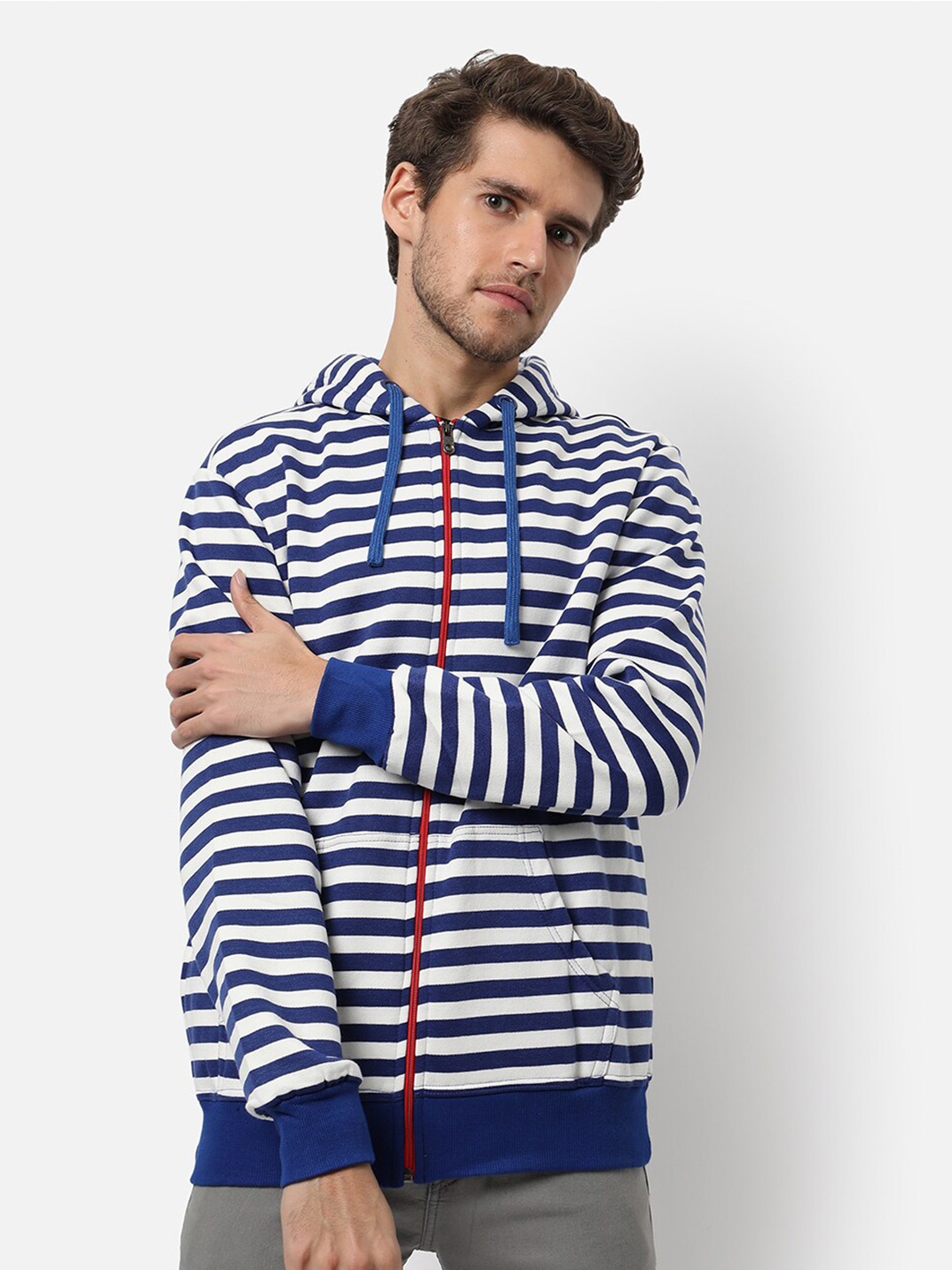 

Campus Sutra Men Blue Striped Hooded Sweatshirt