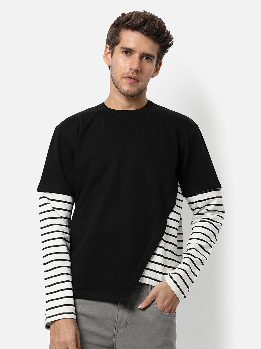 

Campus Sutra Men Black & White Striped T-shirt