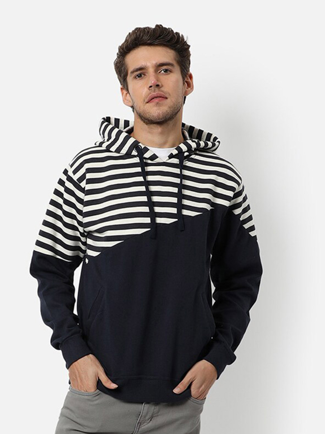 

Campus Sutra Men White Striped Hooded Sweatshirt