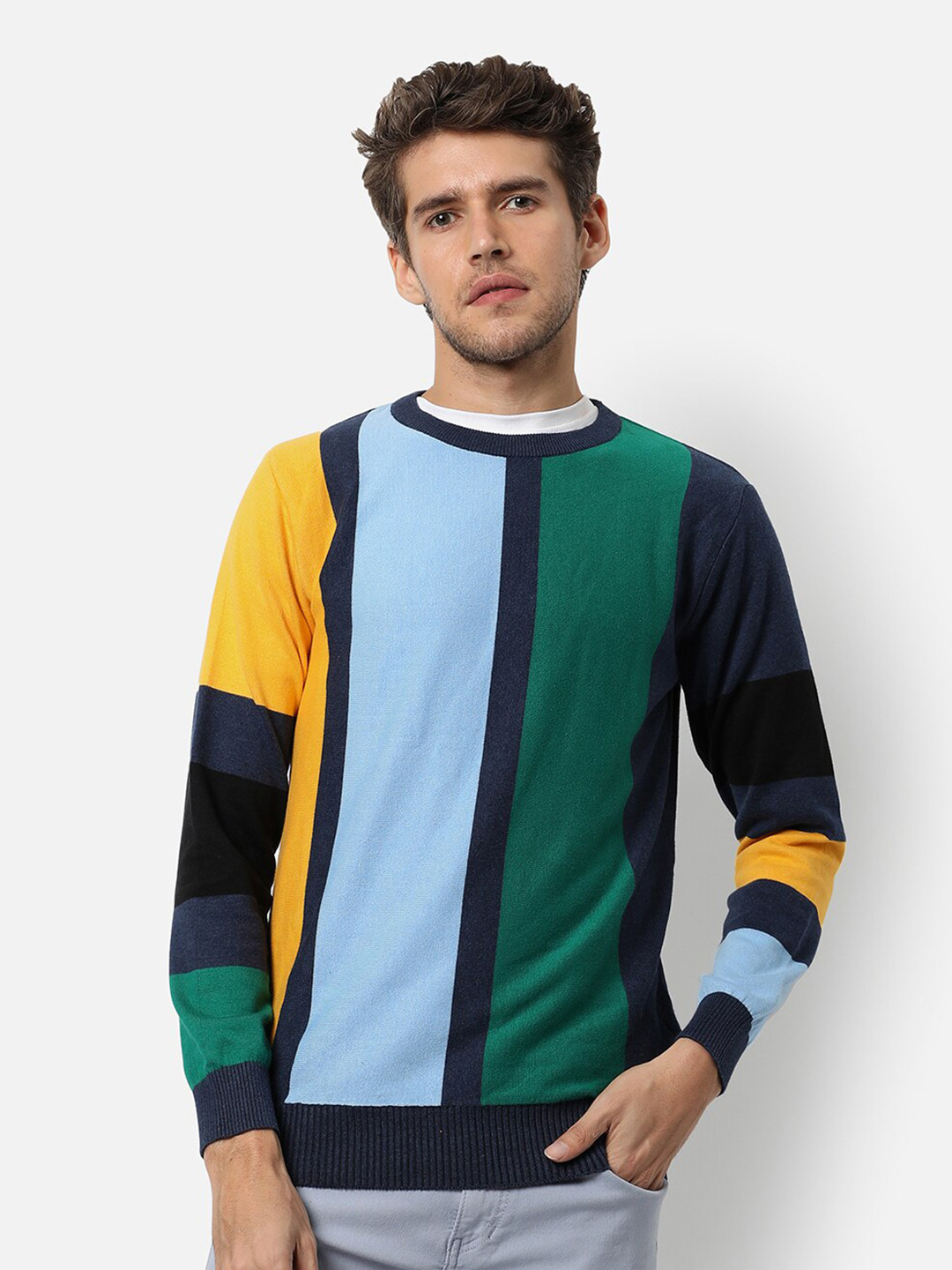 

Campus Sutra Men Green & Blue Colourblocked Pullover