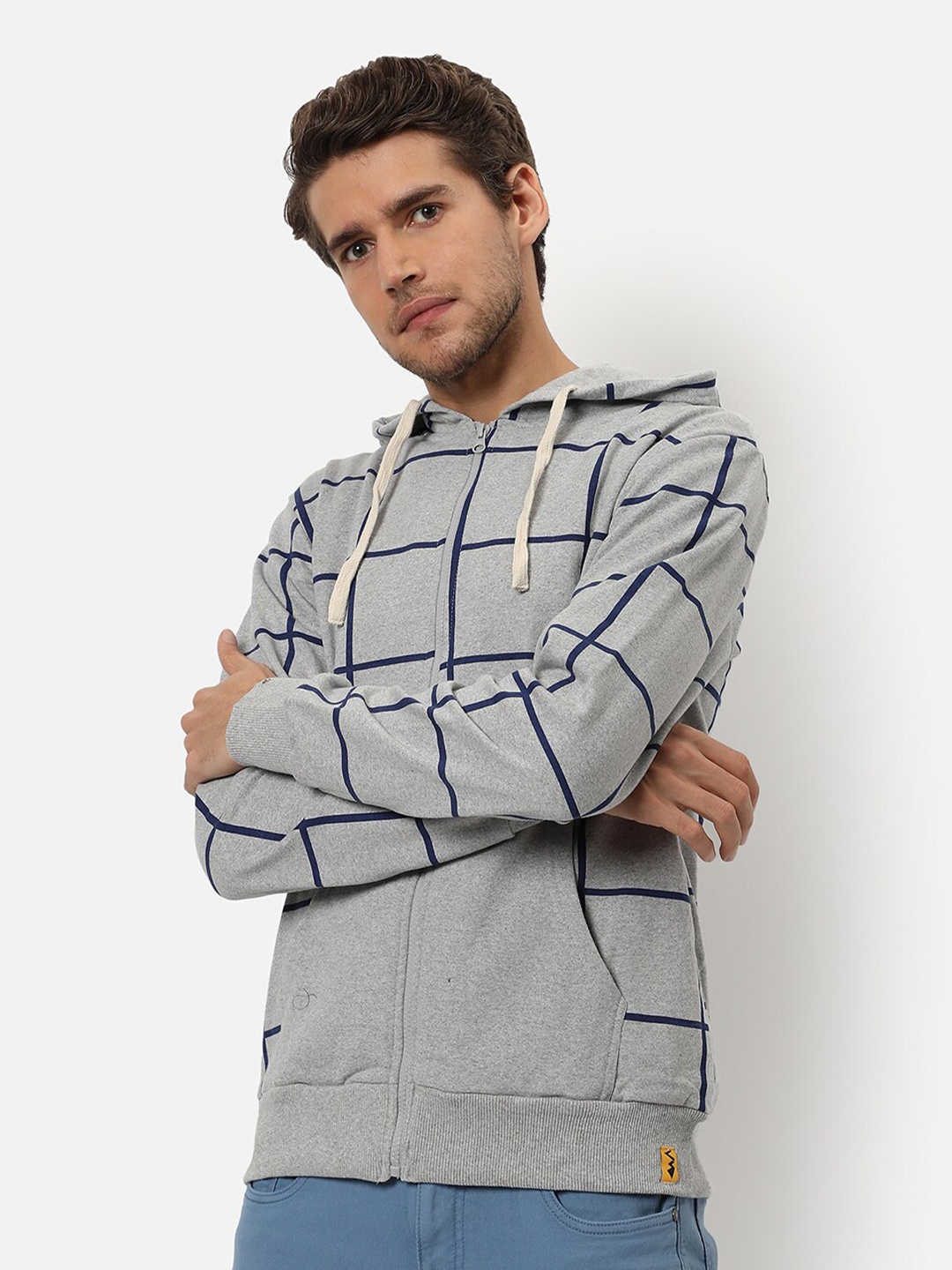 

Campus Sutra Men Grey Checked Hooded Sweatshirt