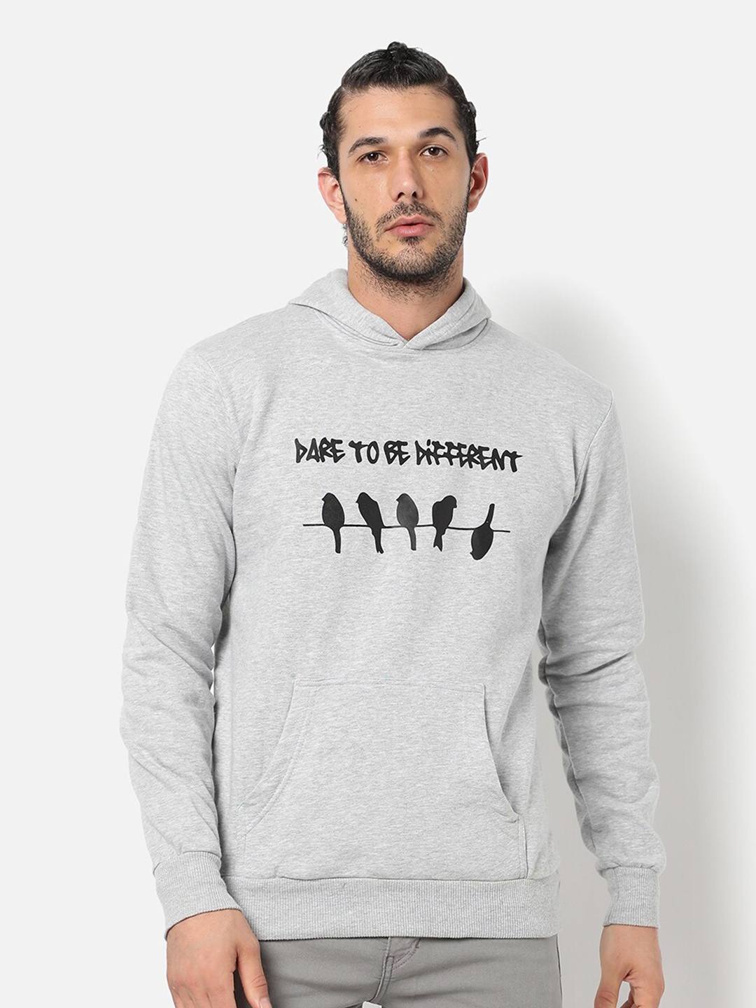 

Campus Sutra Men Grey Printed Hooded Sweatshirt