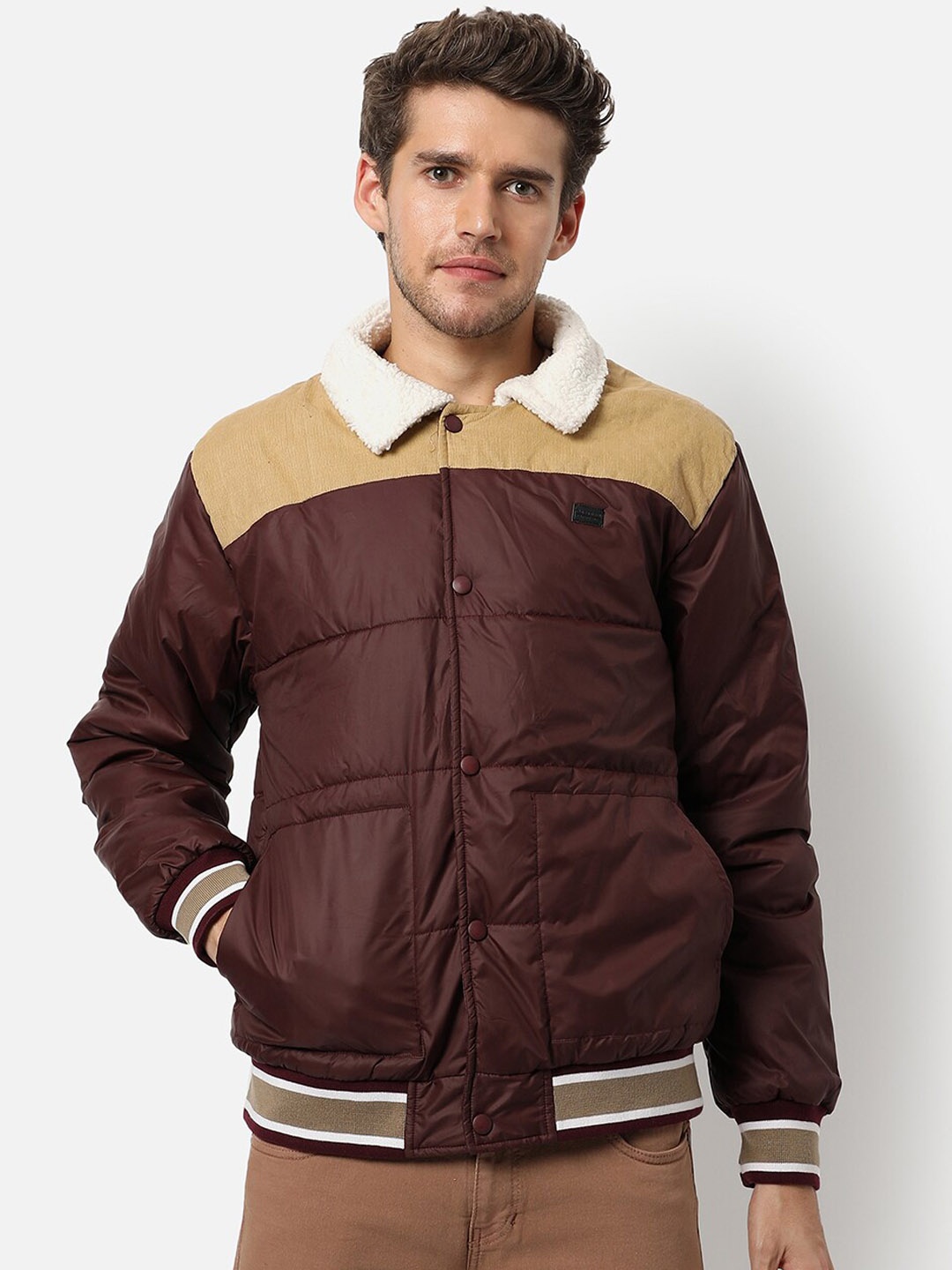 

Campus Sutra Men Maroon Colourblocked Outdoor Bomber Jacket