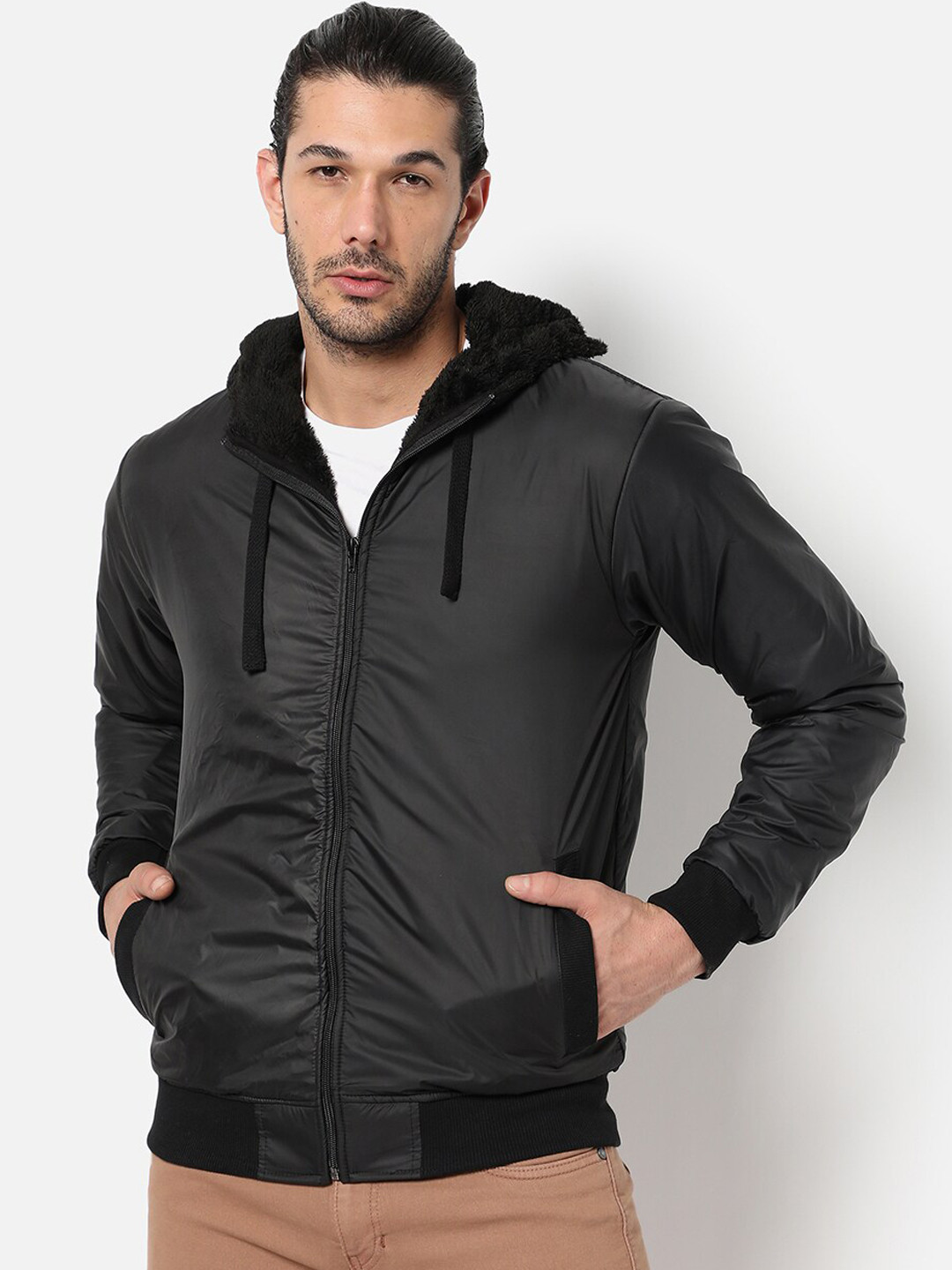 

Campus Sutra Men Black Windcheater Crop Outdoor Bomber Jacket