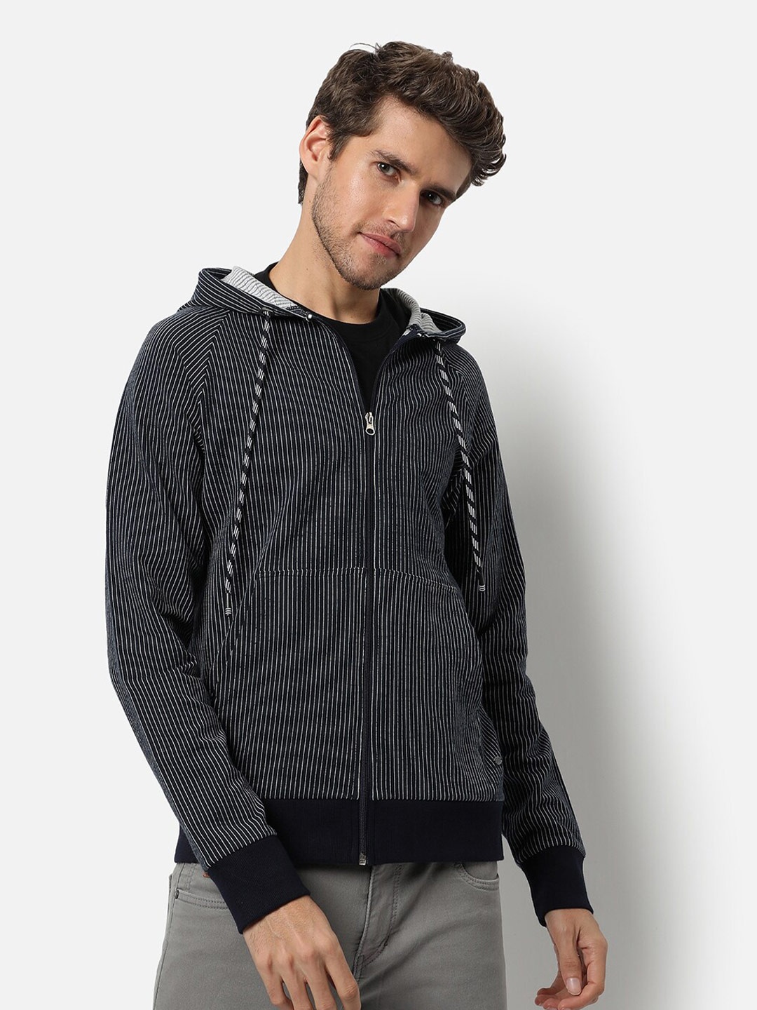 

Campus Sutra Men Black Striped Hooded Sweatshirt