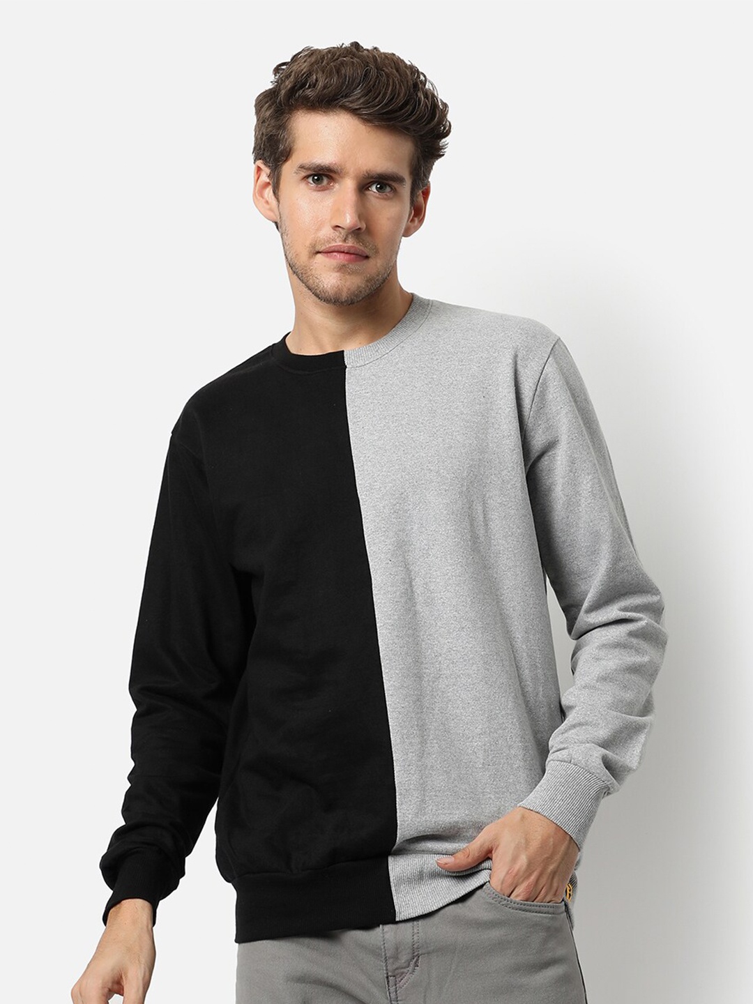 

Campus Sutra Men Black & Grey Colourblocked Cotton Sweatshirt