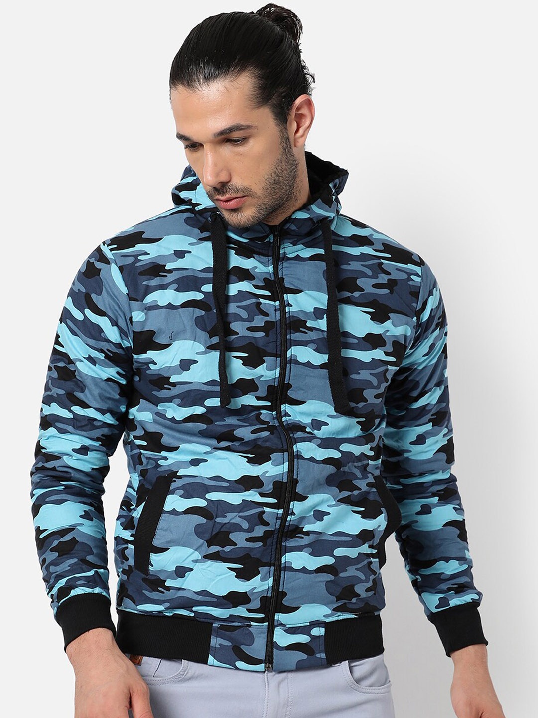 

Campus Sutra Men Blue Black Camouflage Print Cotton Bomber Jacket