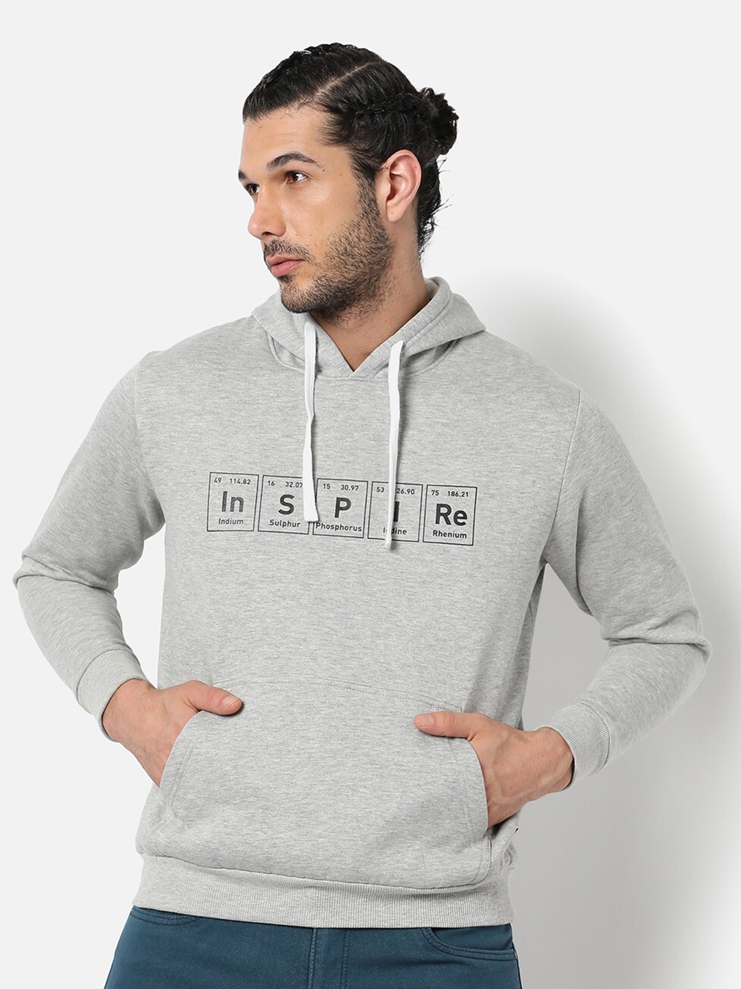 

Campus Sutra Men Grey Printed Hooded Sweatshirt