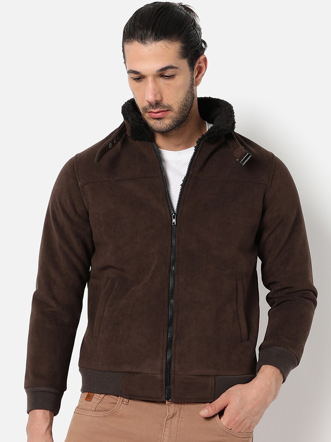 

Campus Sutra Men Brown Suede Windcheater Longline Outdoor Tailored Jacket