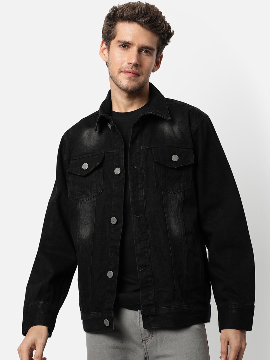 

Campus Sutra Men Black Dark-Washed Windcheater Denim Jacket