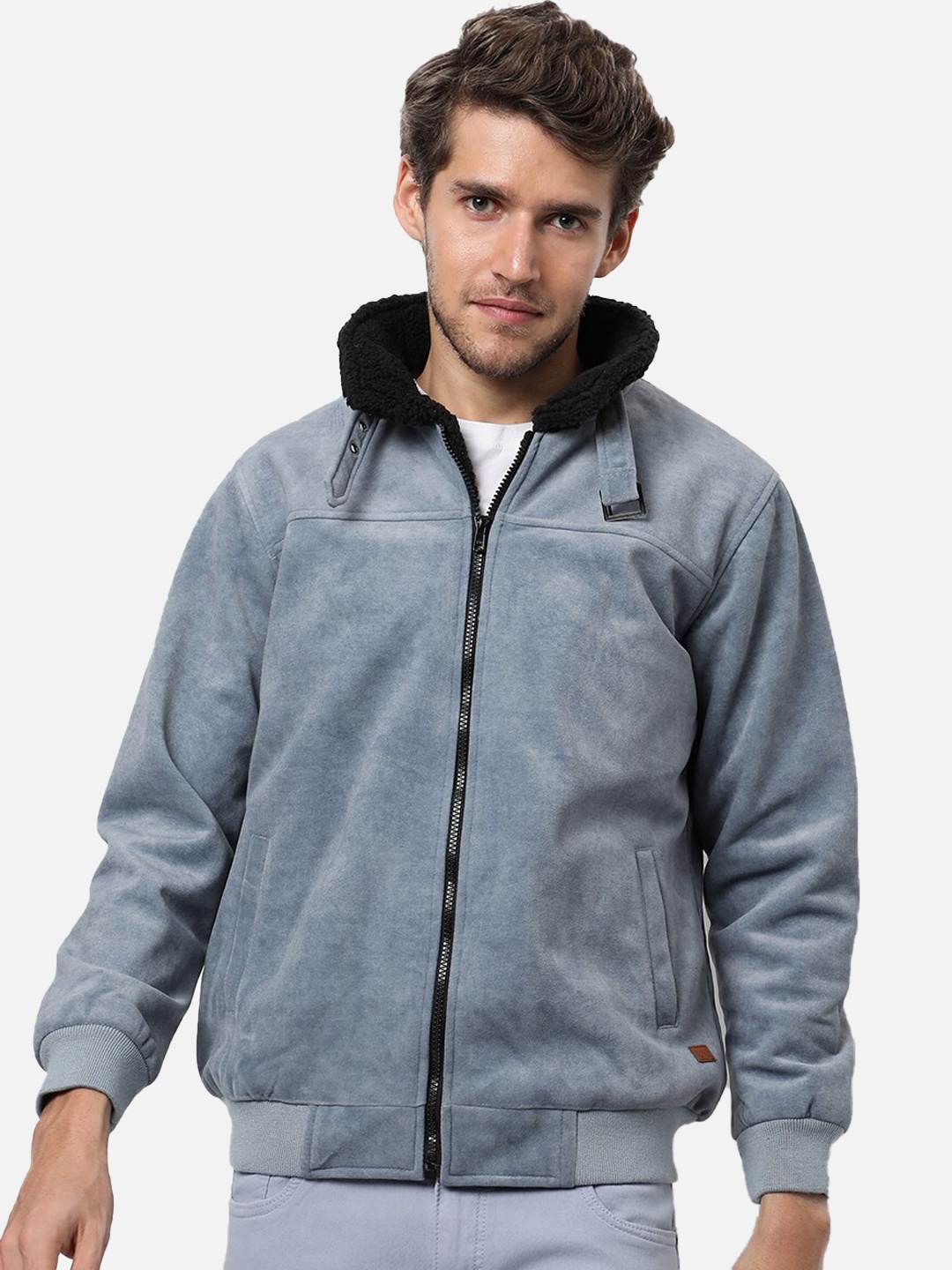 

Campus Sutra Men Blue Suede Windcheater Puffer Jacket