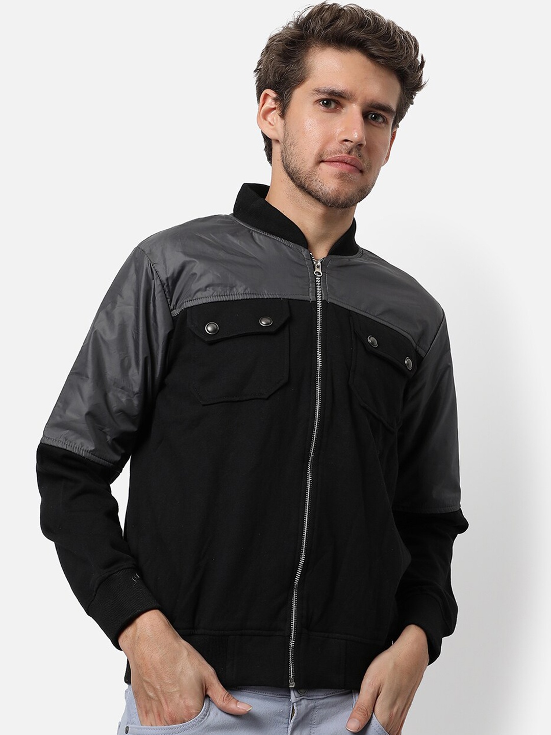 

Campus Sutra Men Black Grey Colourblocked Bomber Jacket