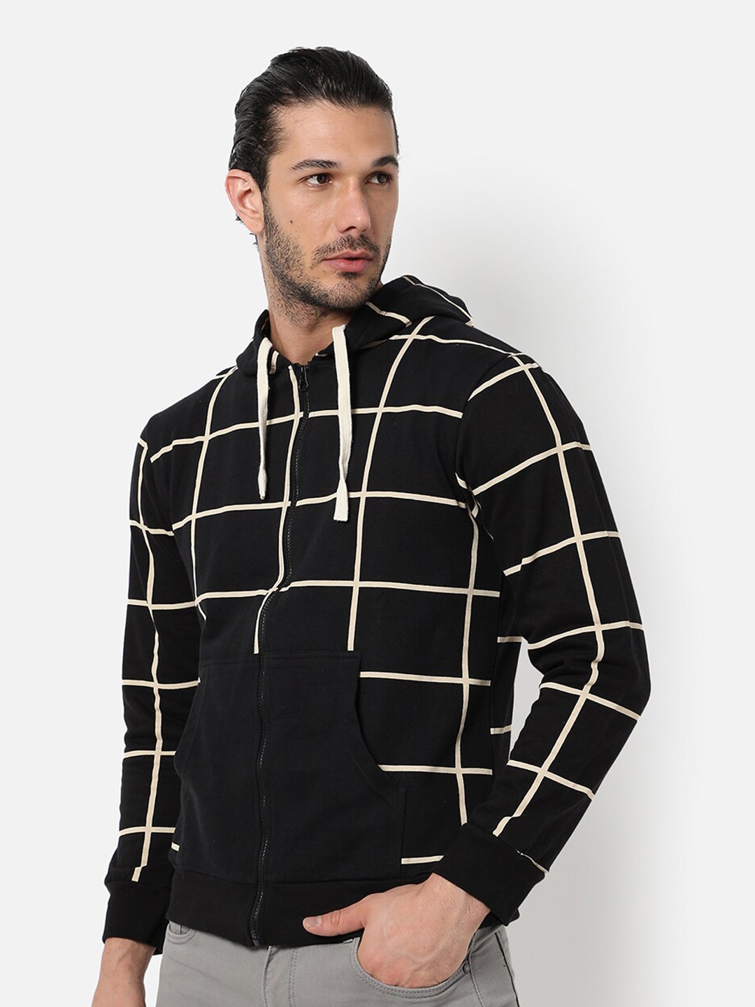 

Campus Sutra Men Black Checked Hooded Sweatshirt