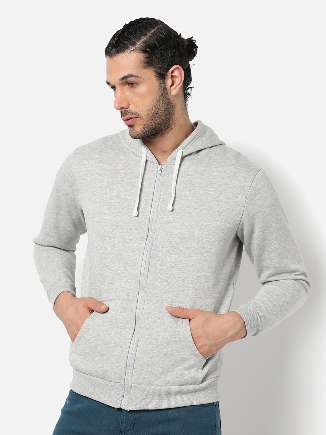 

Campus Sutra Men Grey Hooded Sweatshirt