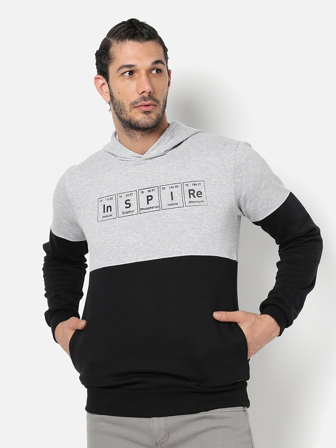 

Campus Sutra Men Grey Colourblocked Hooded Cotton Sweatshirt