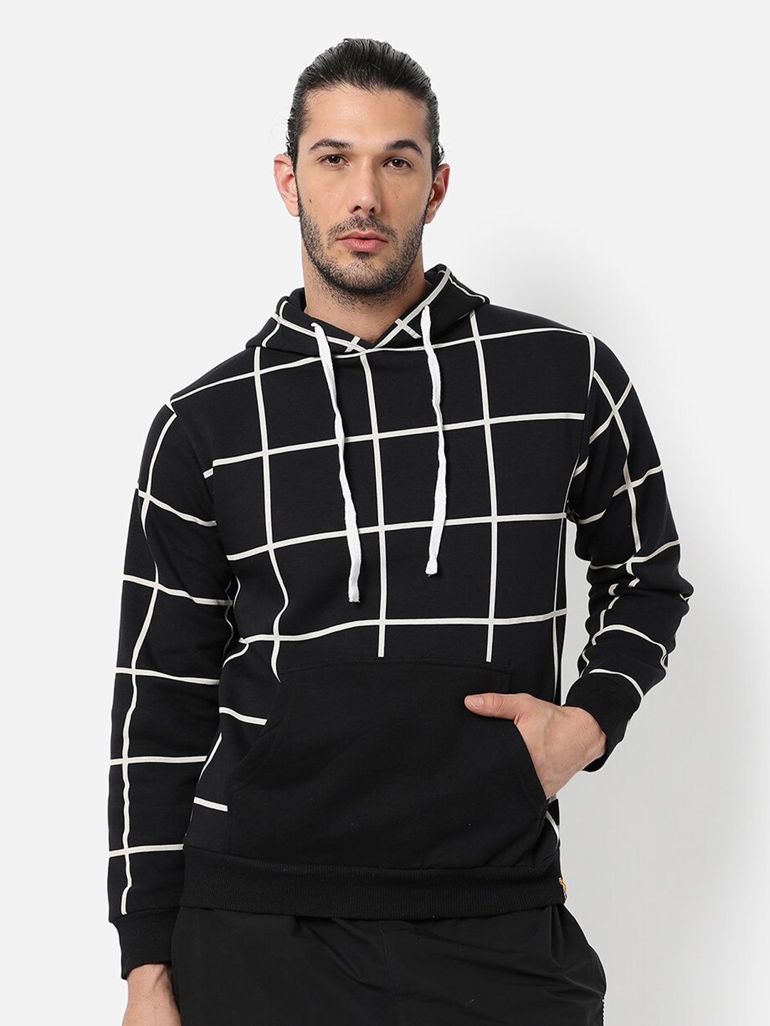 

Campus Sutra Men Black Checked Hooded Sweatshirt