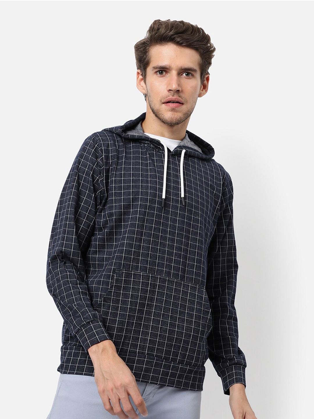 

Campus Sutra Men Navy Blue Checked Hooded Sweatshirt