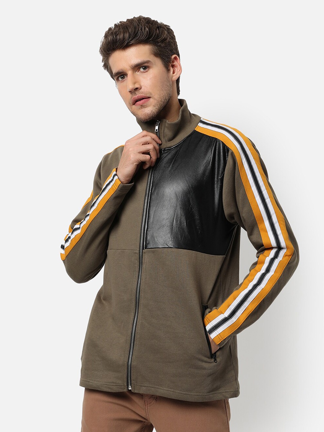 

Campus Sutra Men's Olive Green Color-Blocked Regular Fit Bomber Jacket For Winter Wear
