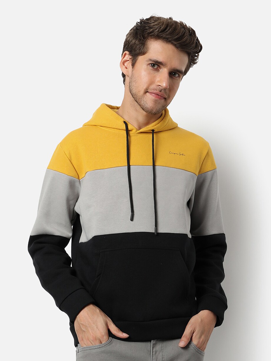 

Campus Sutra Men Yellow ,Grey & Black Colourblocked Hooded Sweatshirt