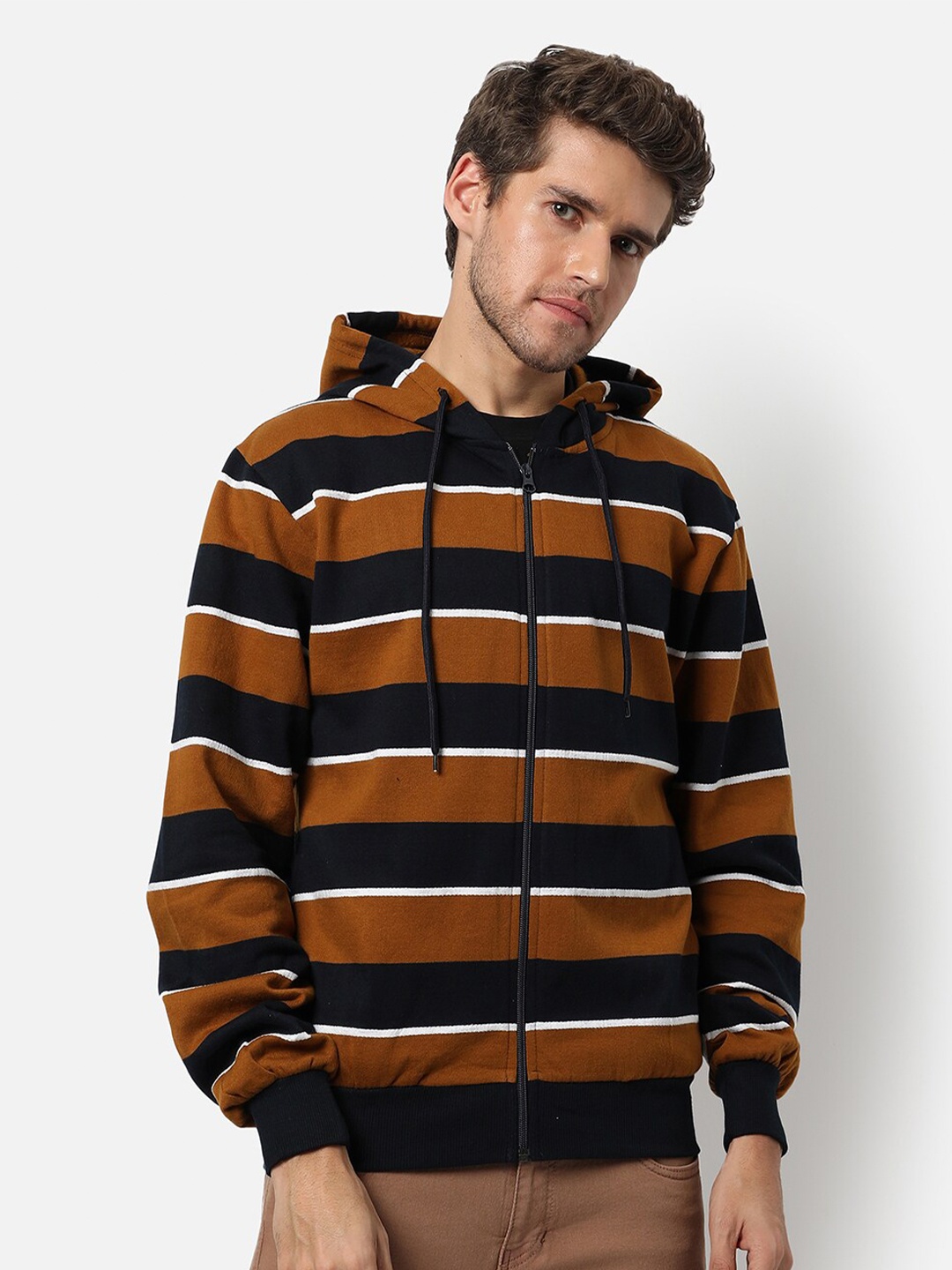 

Campus Sutra Men Brown & Black Striped Hooded Sweatshirt