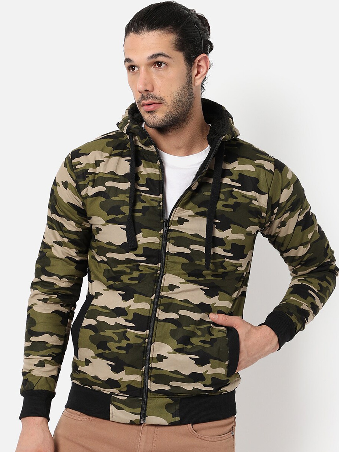 

Campus Sutra Men Olive Green Camouflage Windcheater Outdoor Bomber Jacket