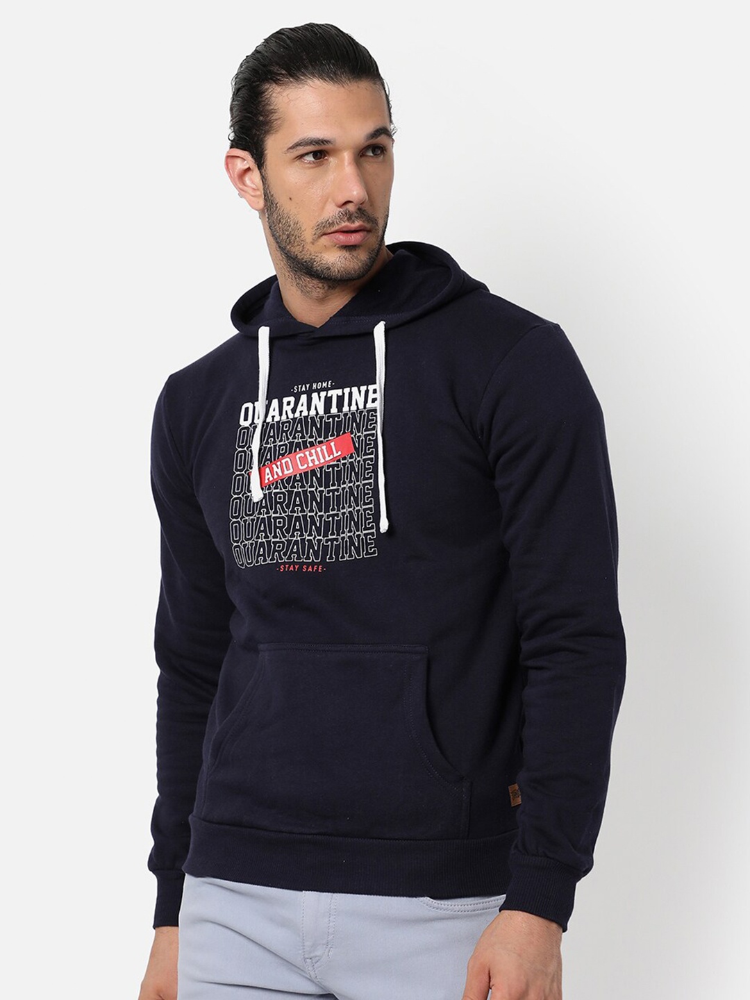 

Campus Sutra Men Navy Blue Printed Hooded Cotton Sweatshirt