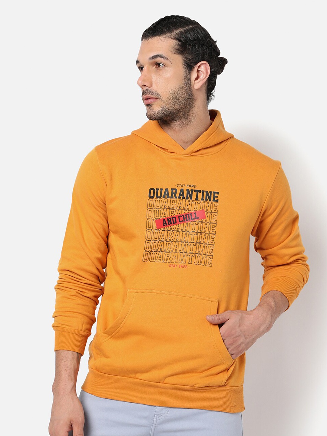 

Campus Sutra Men Mustard Printed Hooded Sweatshirt