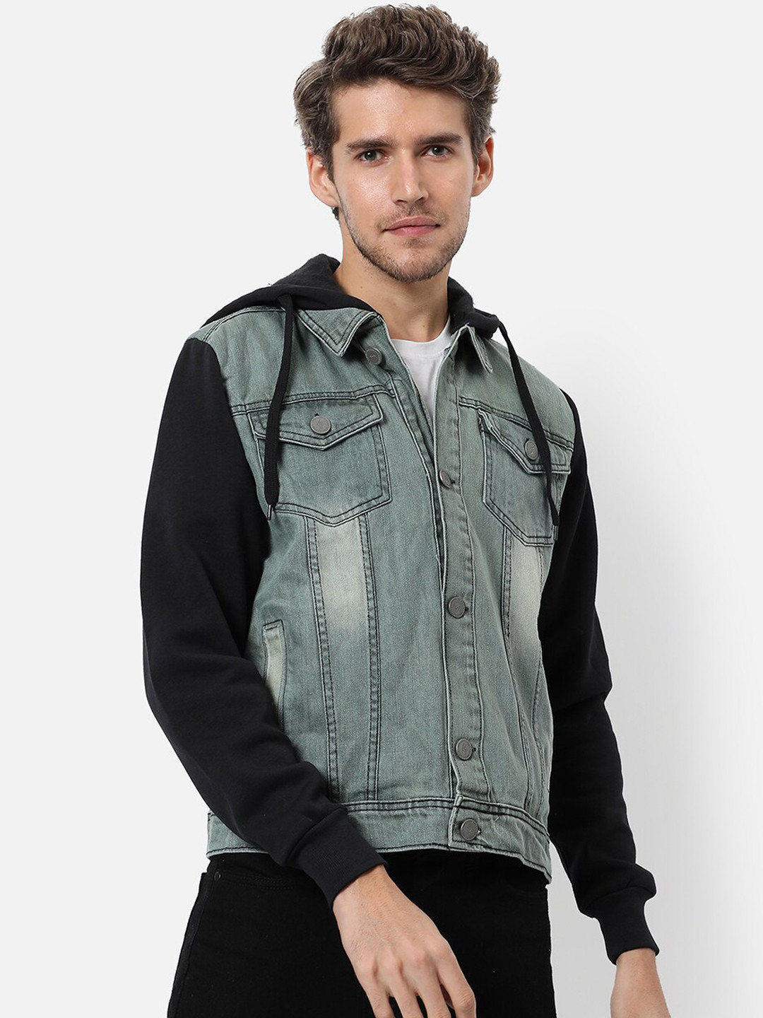 

Campus Sutra Men Grey & Black Hooded Crop Denim Jacket